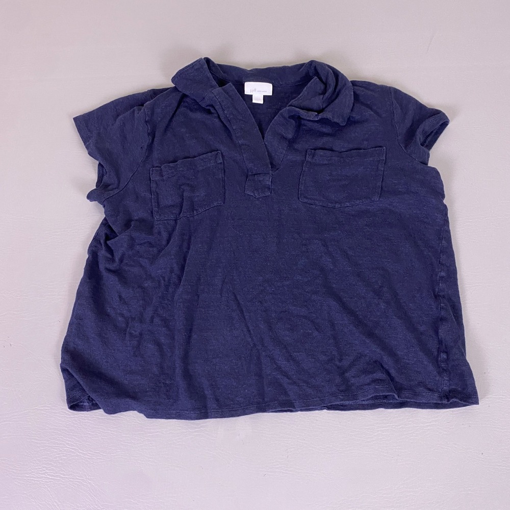 J. Jill Love Linen Top Women's Large Navy Blue Short Sleeve Polo Neck Flawed*